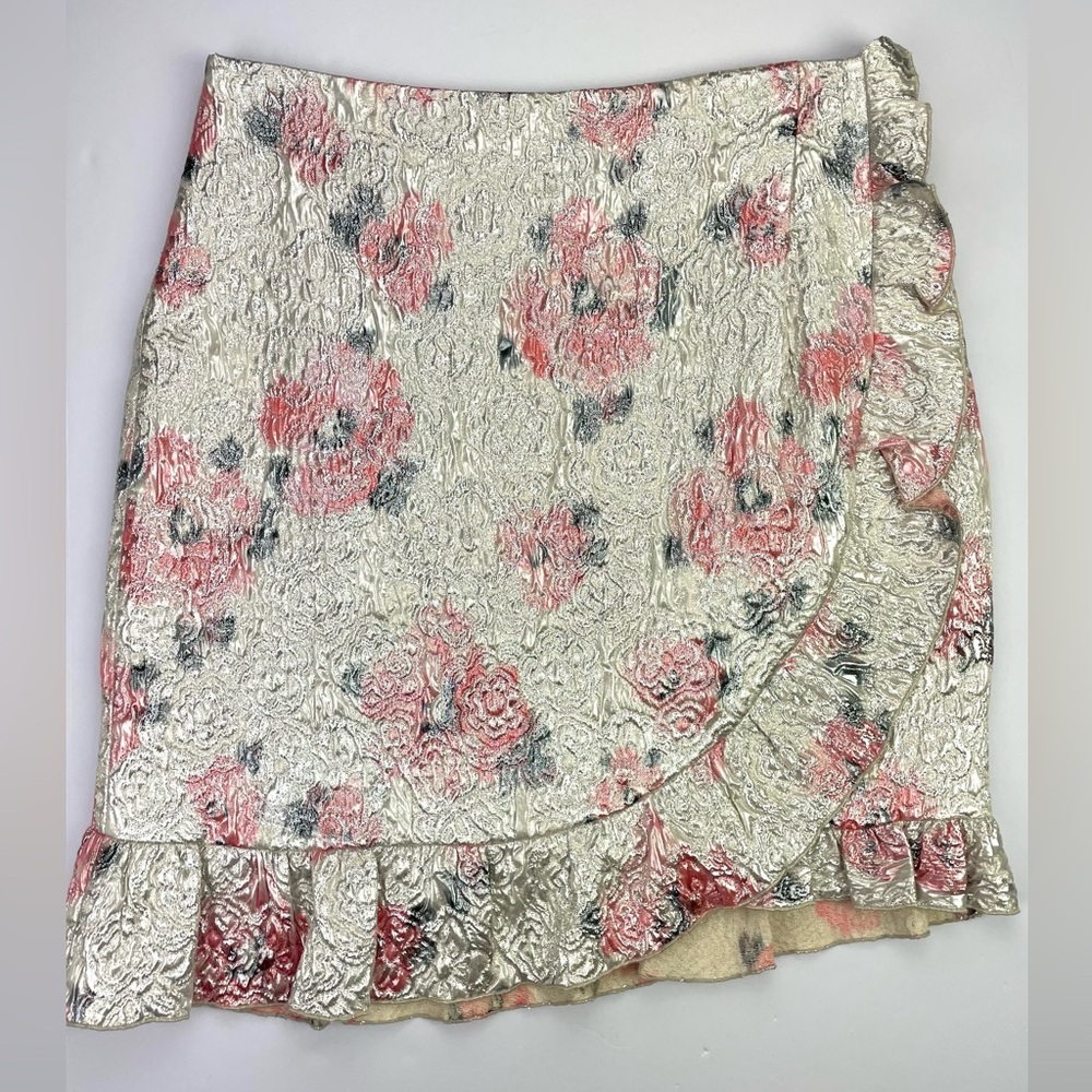 Alexa Chung Wrap Effect Floral Ruffled Brocade Mini Skirt Size US 8 UK 12
